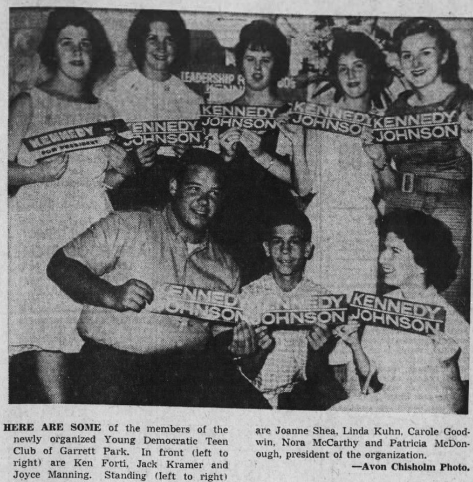 KJF_60s_High School_1960SEP18_Young Democrats_Kennedy-Johnson_Montgomery County Sentinel Newspaper